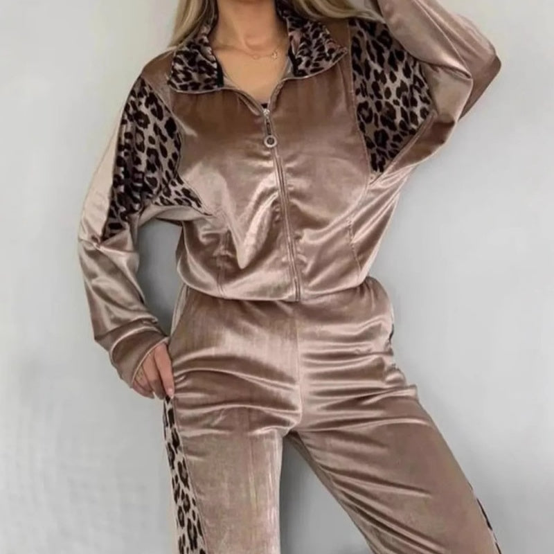 Women's Fashion Leopard Print Zipper Top＆Drawstring Pants 2-Piece Set