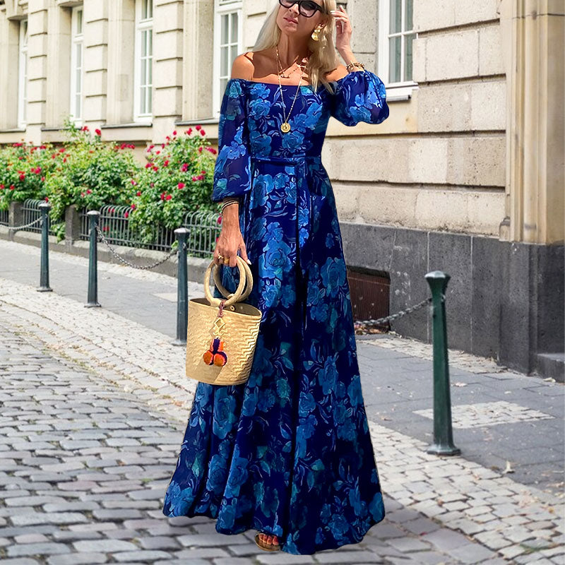 Women’s Elegant Off Shoulder Floral Print Flowy Long Dress