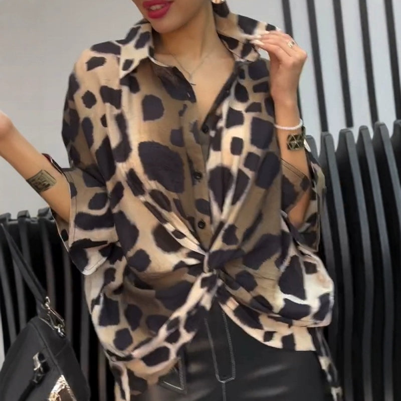 Lapel Leopard Print Loose Seven-Point Sleeve Shirt