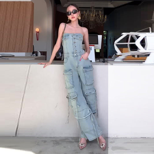 Women's Retro Denim Strapless Cargo Jumpsuit