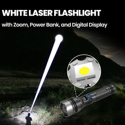 White Laser Flashlight with Zoom, Power Bank, and Digital Display