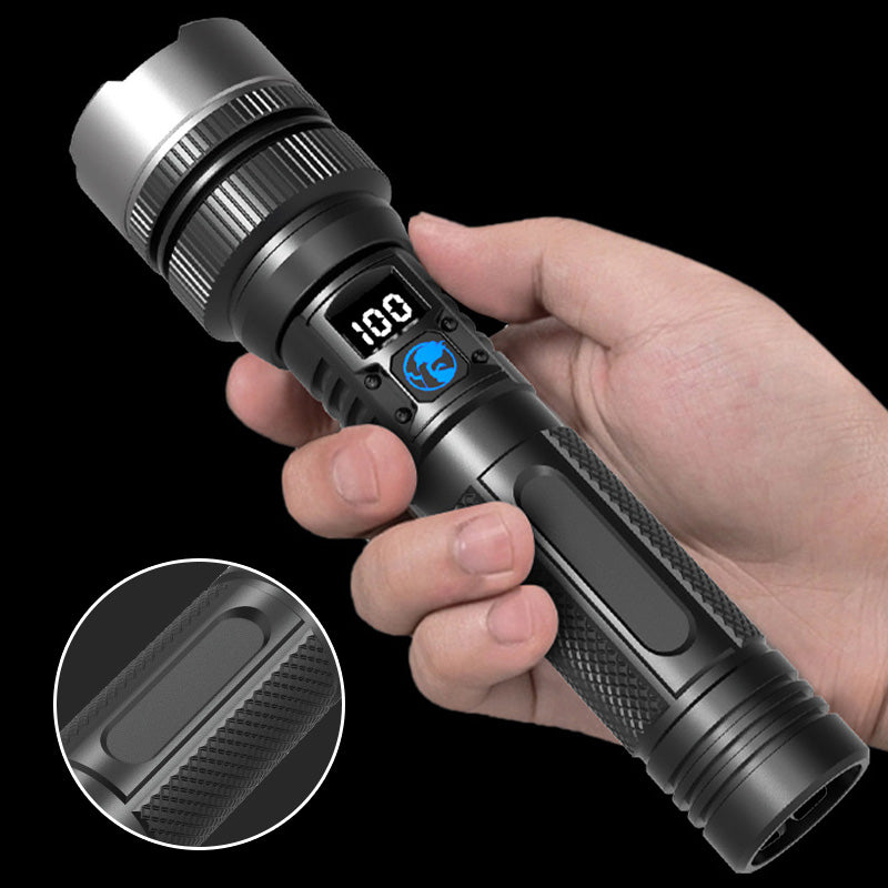 White Laser Flashlight with Zoom, Power Bank, and Digital Display