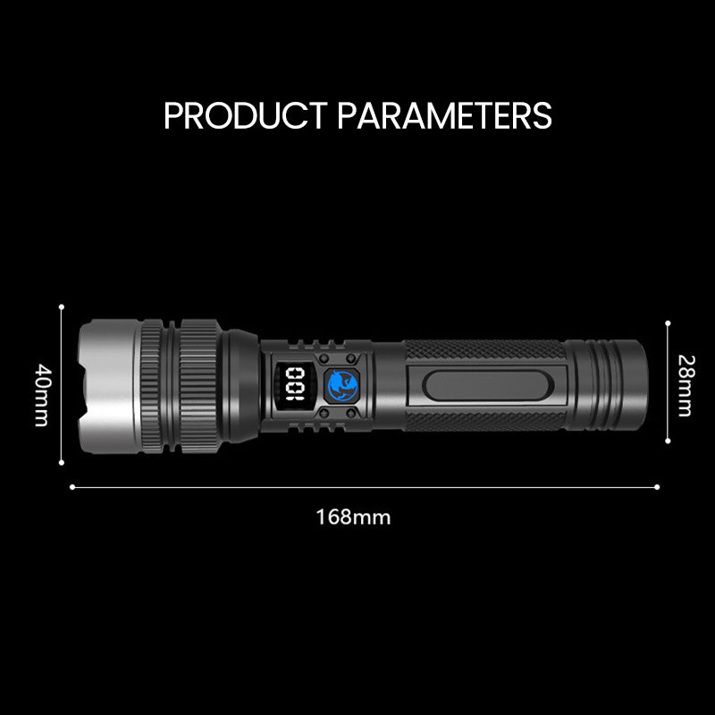 White Laser Flashlight with Zoom, Power Bank, and Digital Display