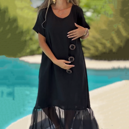 Women's Black Flowy Short Sleeve Maxi Dress