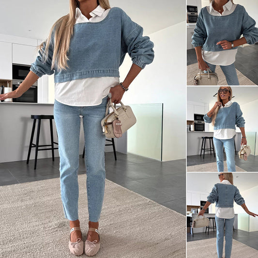 Women's Fashion Long Sleeve Denim Top & Pants Two Piece Set