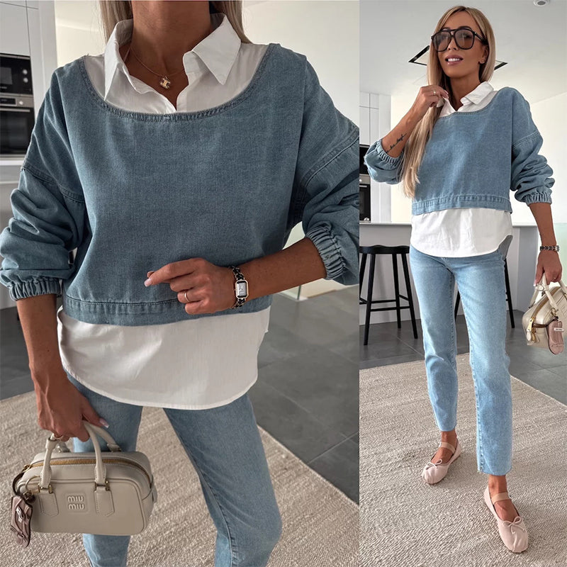 Women's Fashion Long Sleeve Denim Top & Pants Two Piece Set