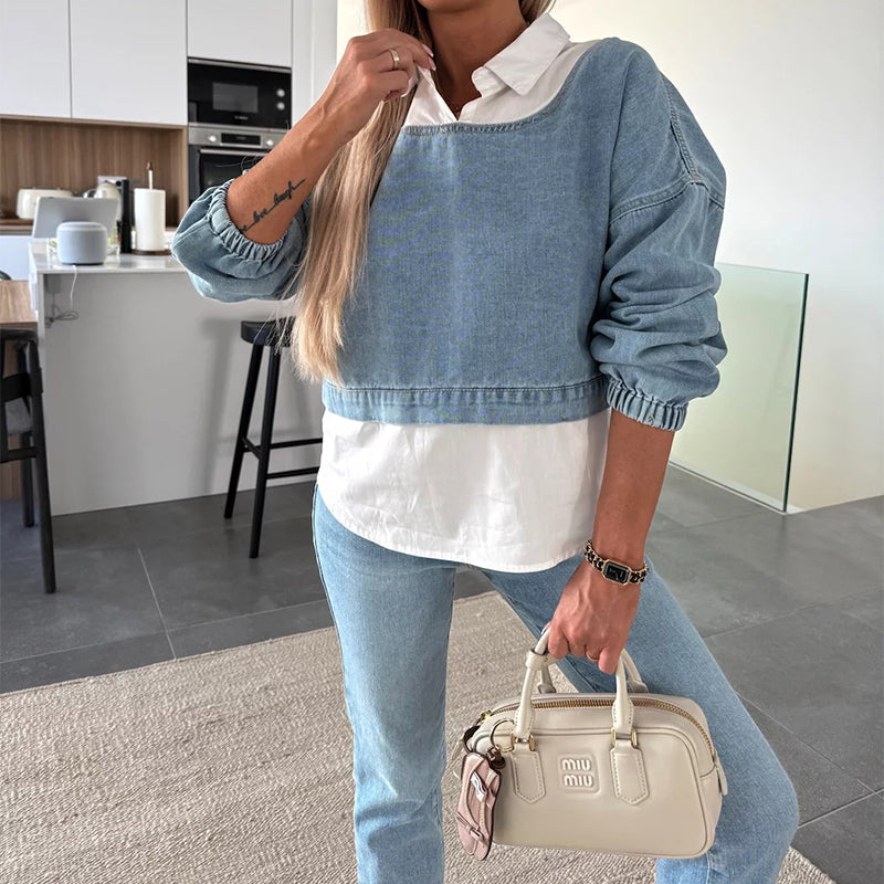 Women's Fashion Long Sleeve Denim Top & Pants Two Piece Set