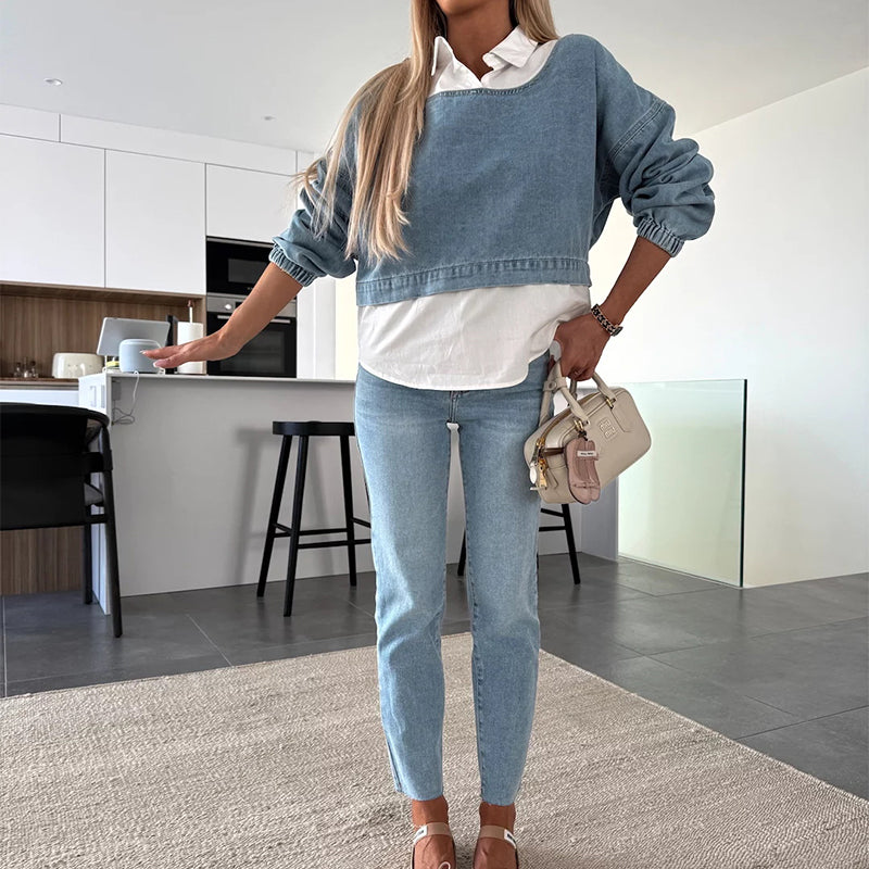 Women's Fashion Long Sleeve Denim Top & Pants Two Piece Set