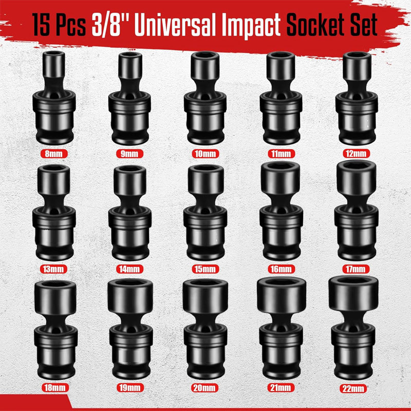 15pcs 3/8" Shallow Impact Universal Joint Socket Set