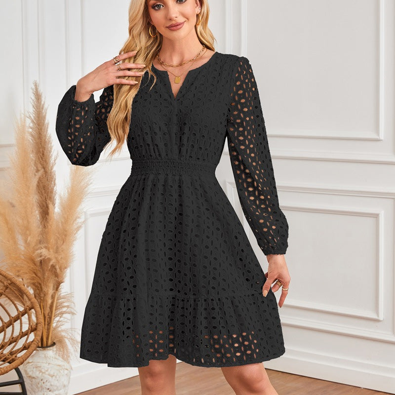 💕Spring New Arrival💕Women's V-Neck Long Sleeve Hollow Out Dress