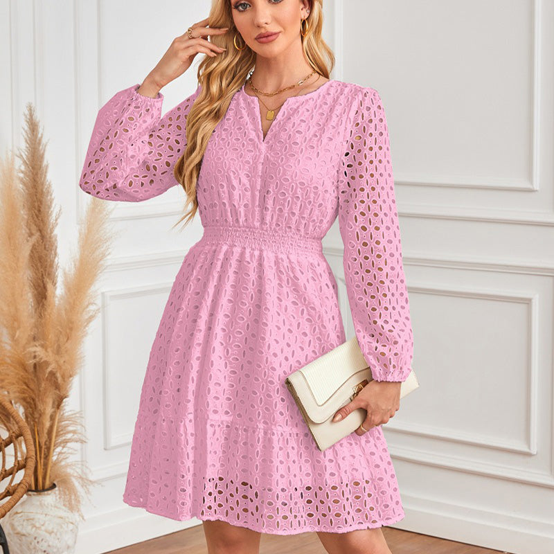 💕Spring New Arrival💕Women's V-Neck Long Sleeve Hollow Out Dress