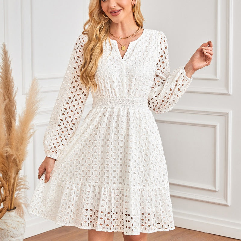 💕Spring New Arrival💕Women's V-Neck Long Sleeve Hollow Out Dress