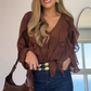 V-Neck Button Closure Ruffle Trimmed Blouse
