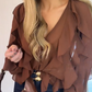 V-Neck Button Closure Ruffle Trimmed Blouse