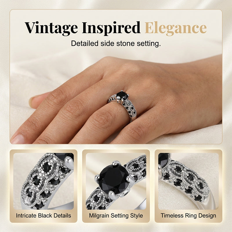 💍 LIMITED-TIME 50% OFF! 💥 Women's Vintage Black Zircon Ring – Solitaire, Filigree Band, Copper Base ✨
