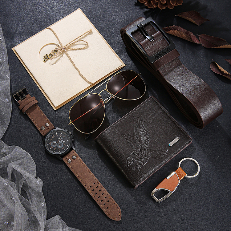 Men's 7-Piece Gift Set with Watch Wallet Belt Sunglasses Keychain