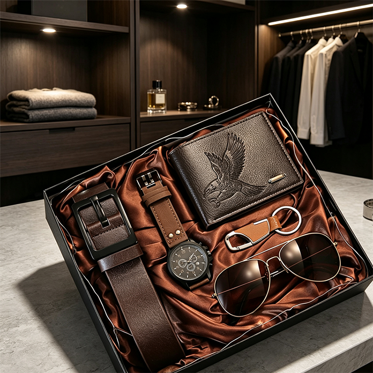 Men's 7-Piece Gift Set with Watch Wallet Belt Sunglasses Keychain