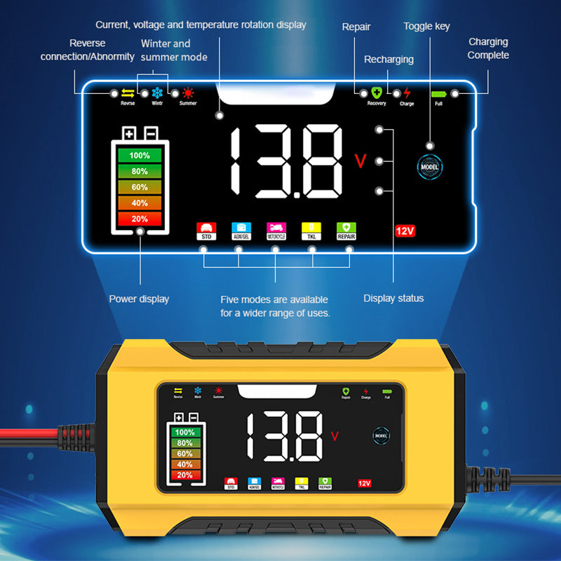 12V 6A Smart Car Battery Charger with LCD Display