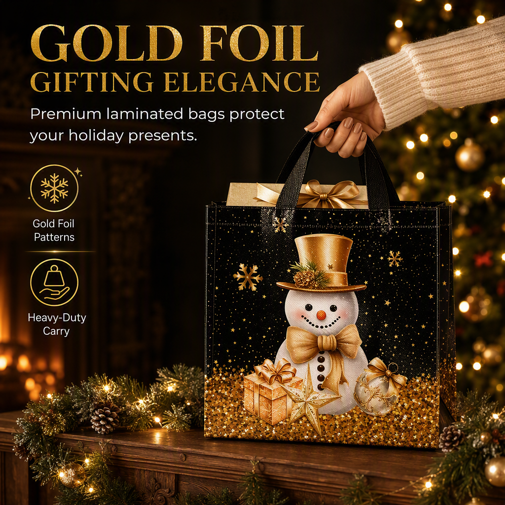 🎉 2026 Sale — Over 12,000 Sold!🎄 Black Non‑Woven Christmas Gift Tote Bag‑Gold Foil Reusable Holiday Packaging Bag ✨