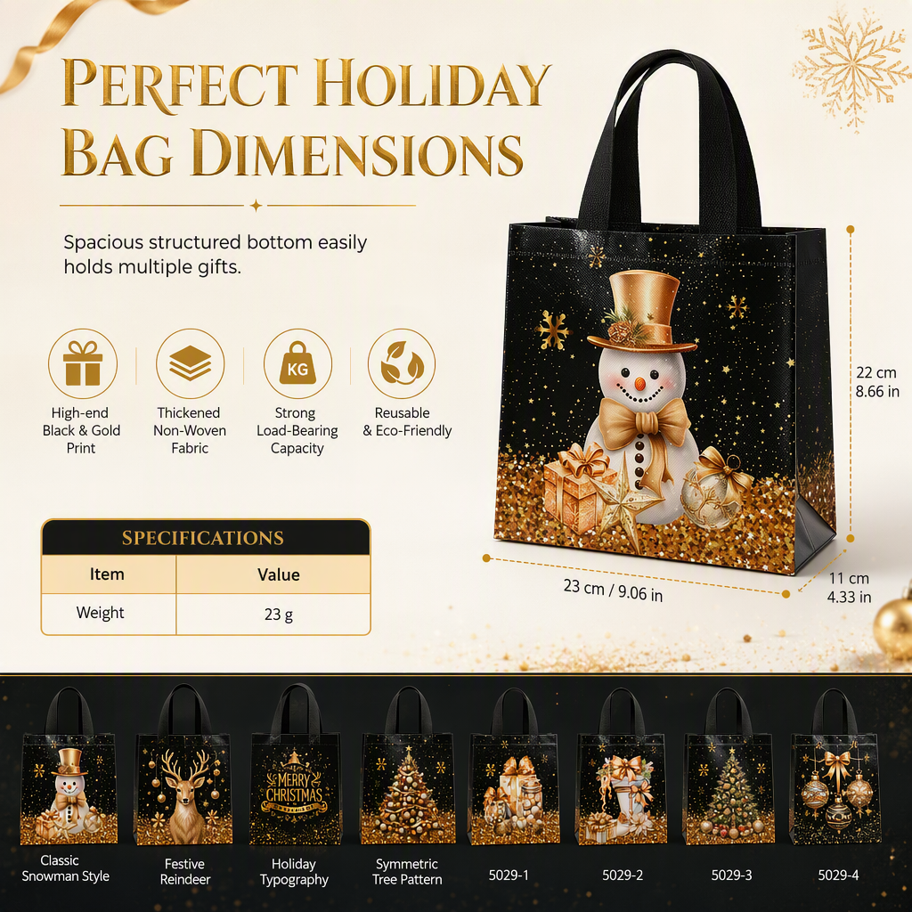 🎉 2026 Sale — Over 12,000 Sold!🎄 Black Non‑Woven Christmas Gift Tote Bag‑Gold Foil Reusable Holiday Packaging Bag ✨