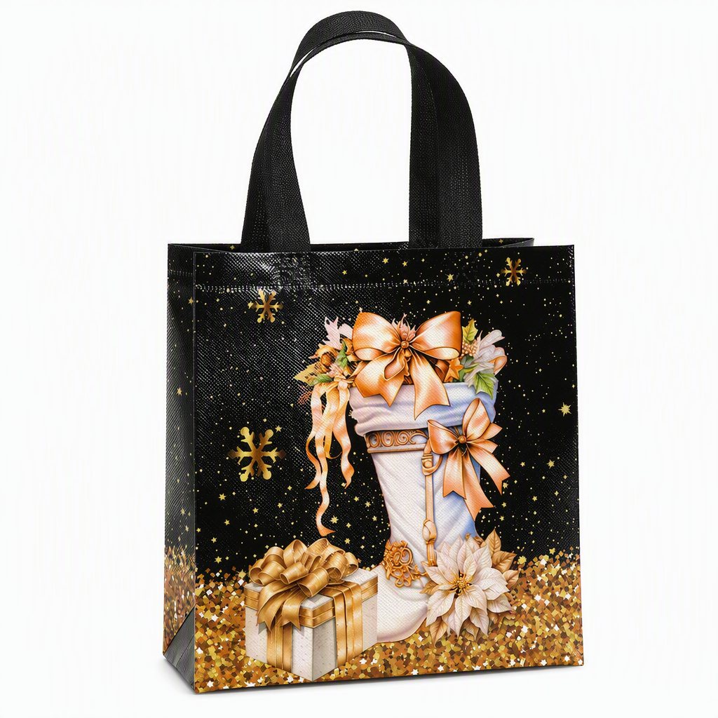 🎉 2026 Sale — Over 12,000 Sold!🎄 Black Non‑Woven Christmas Gift Tote Bag‑Gold Foil Reusable Holiday Packaging Bag ✨