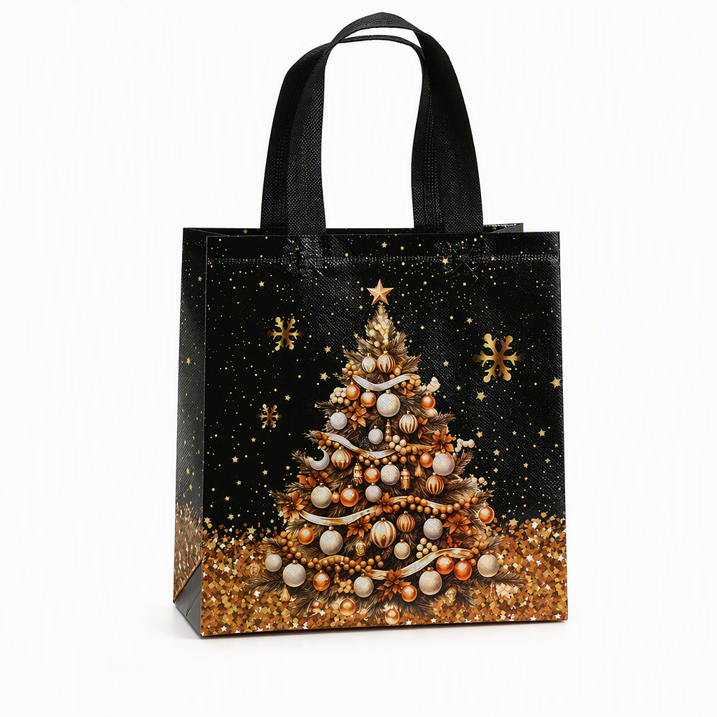 🎉 2026 Sale — Over 12,000 Sold!🎄 Black Non‑Woven Christmas Gift Tote Bag‑Gold Foil Reusable Holiday Packaging Bag ✨