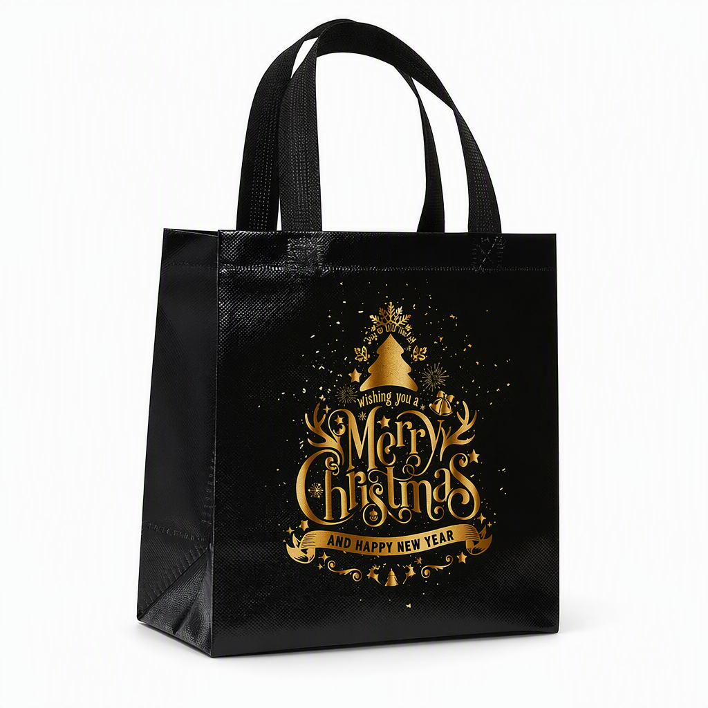 🎉 2026 Sale — Over 12,000 Sold!🎄 Black Non‑Woven Christmas Gift Tote Bag‑Gold Foil Reusable Holiday Packaging Bag ✨