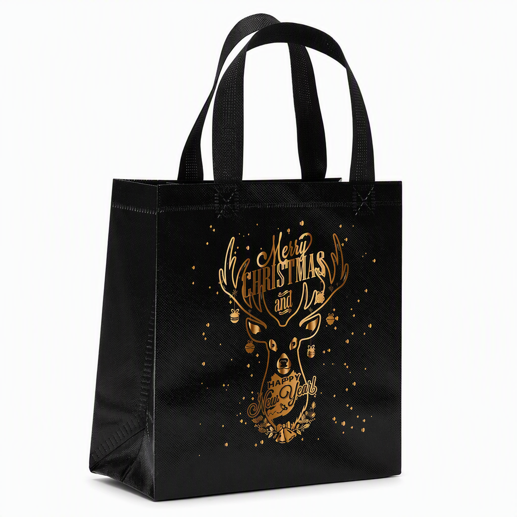 🎉 2026 Sale — Over 12,000 Sold!🎄 Black Non‑Woven Christmas Gift Tote Bag‑Gold Foil Reusable Holiday Packaging Bag ✨