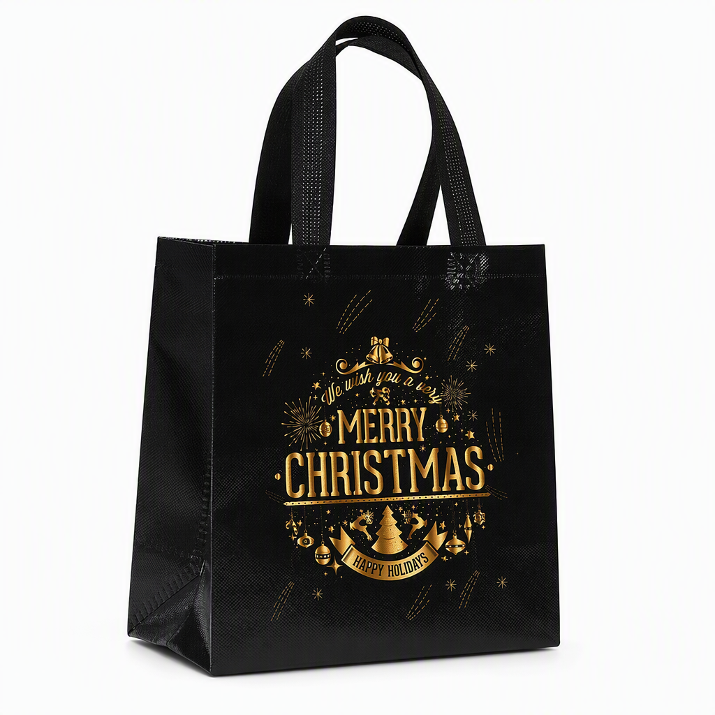 🎉 2026 Sale — Over 12,000 Sold!🎄 Black Non‑Woven Christmas Gift Tote Bag‑Gold Foil Reusable Holiday Packaging Bag ✨