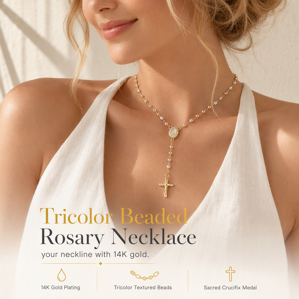 Retro Gold Tone Virgin Mary Crucifix Cross Pendant Necklace with Beaded Y-Chain