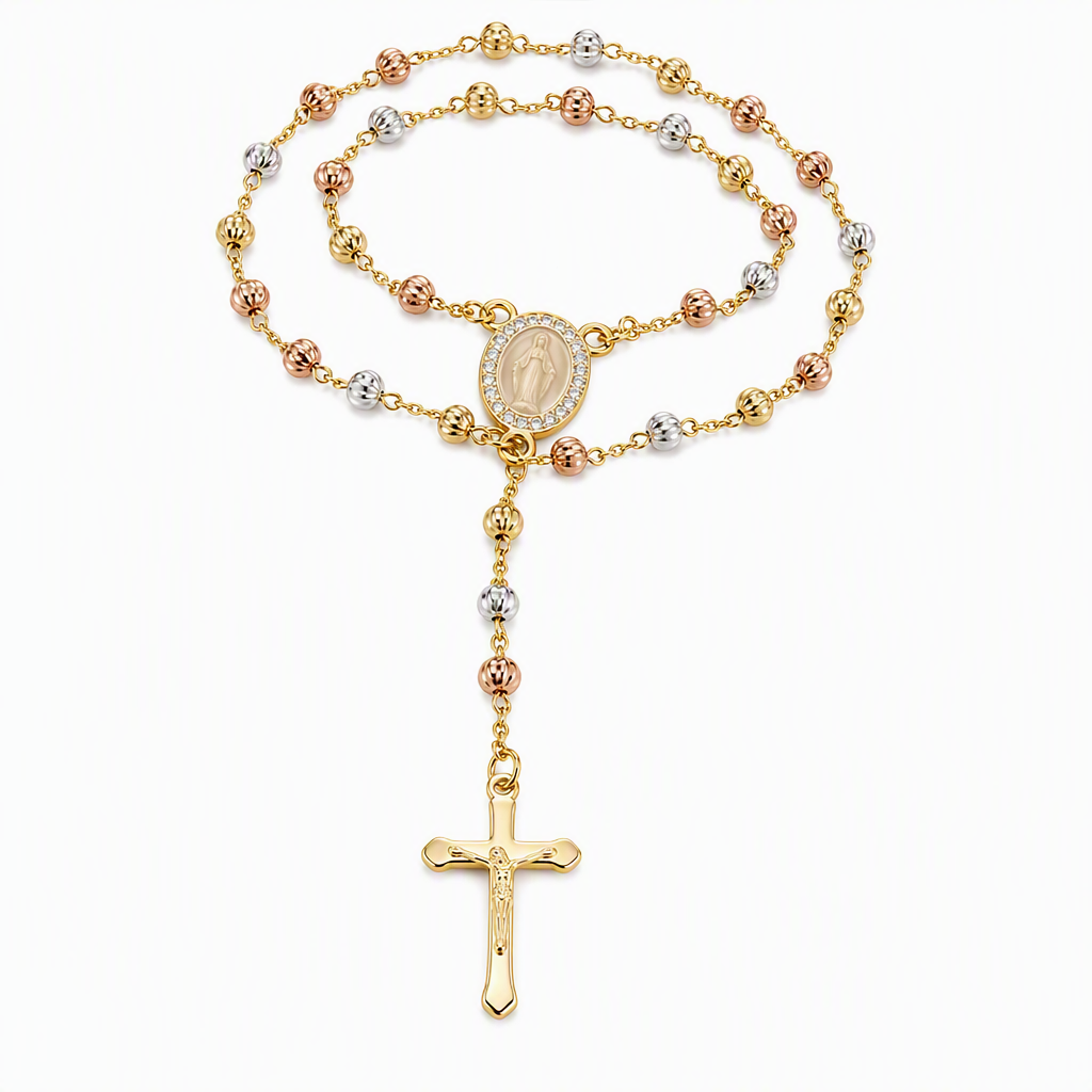 Retro Gold Tone Virgin Mary Crucifix Cross Pendant Necklace with Beaded Y-Chain