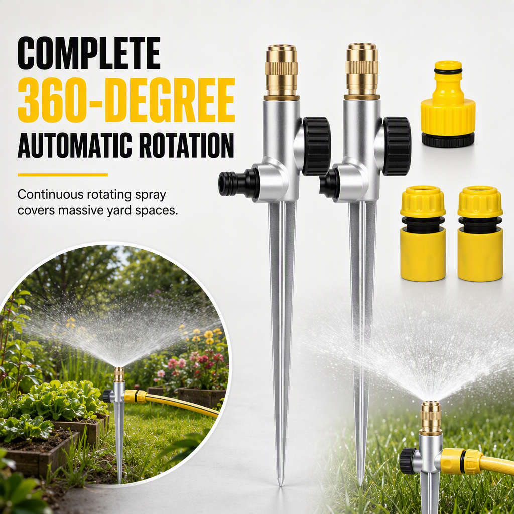Automatic Rotating Lawn Sprinkler with Alloy Ground Spike and Copper Nozzle Garden Irrigation Tool Set