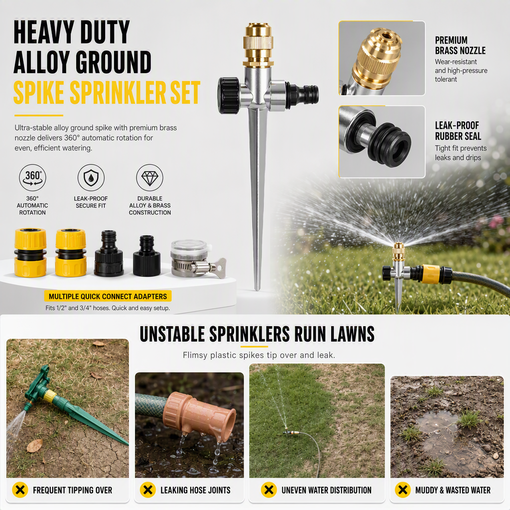 Automatic Rotating Lawn Sprinkler with Alloy Ground Spike and Copper Nozzle Garden Irrigation Tool Set