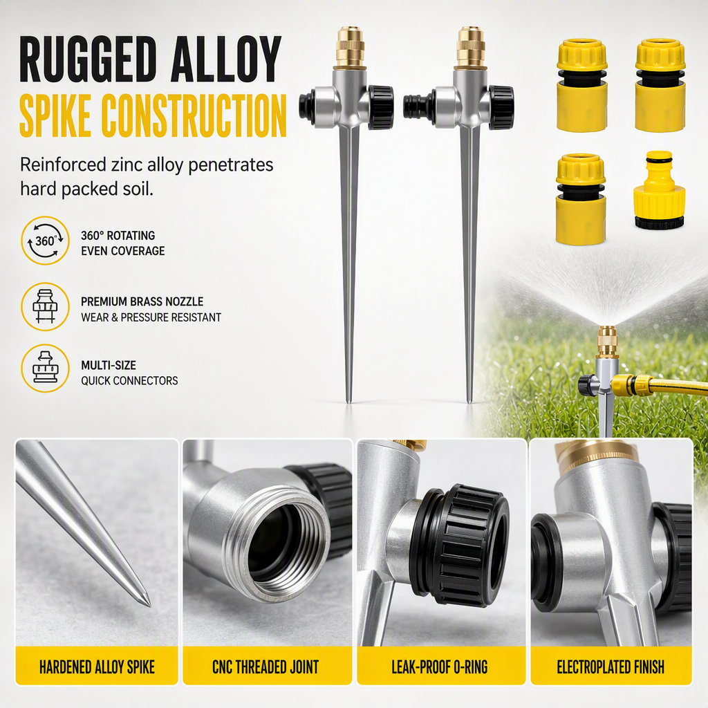 Automatic Rotating Lawn Sprinkler with Alloy Ground Spike and Copper Nozzle Garden Irrigation Tool Set