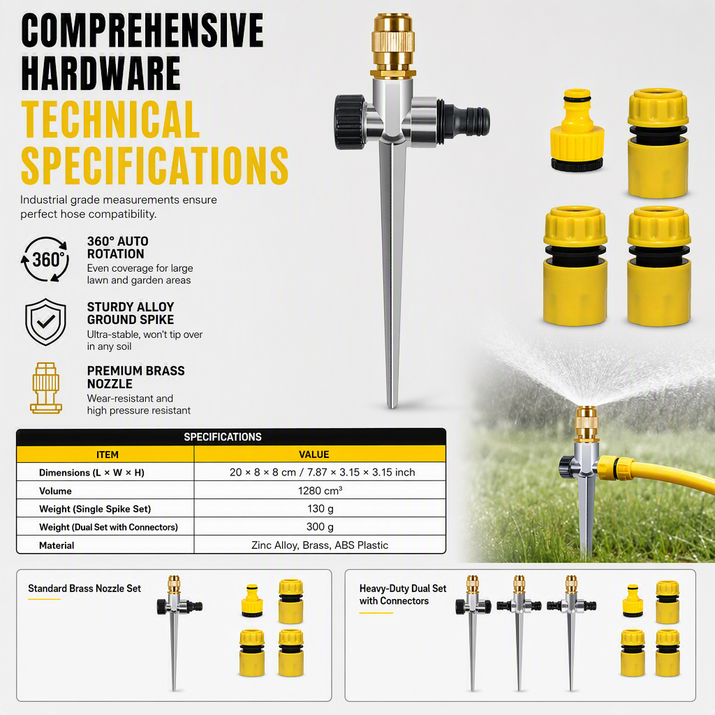 Automatic Rotating Lawn Sprinkler with Alloy Ground Spike and Copper Nozzle Garden Irrigation Tool Set