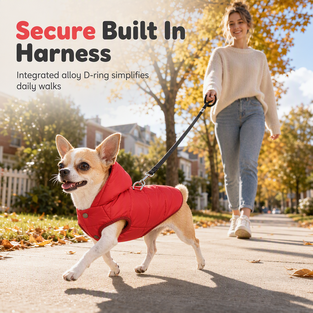 🐕 50% OFF! ✨ Hooded Dog Coat – Windproof Outer Layer, Thick Polar Fleece Lining & Built-In Harness Ring – Cozy Winter Protection for Small & Medium Pets 🧥
