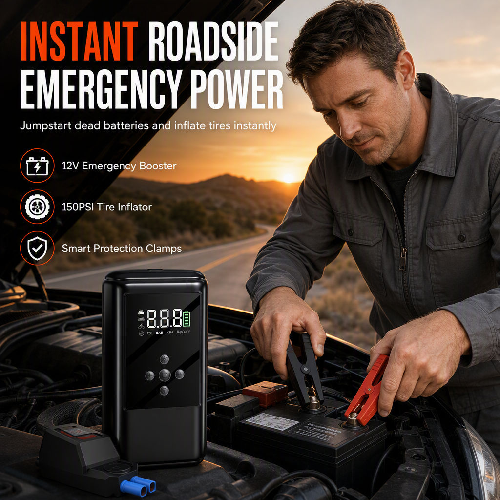 🚗 Save 50%! 🔋 Jump Starter & Tire Inflator – Smart clamps & EVA case ✨