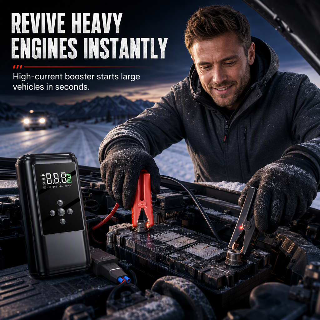 🚗 Save 50%! 🔋 Jump Starter & Tire Inflator – Smart clamps & EVA case ✨