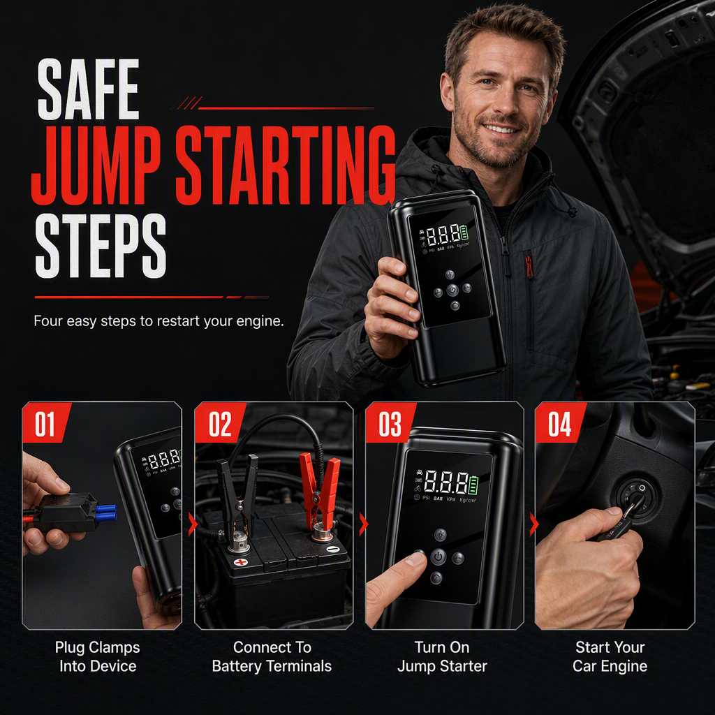 🚗 Save 50%! 🔋 Jump Starter & Tire Inflator – Smart clamps & EVA case ✨