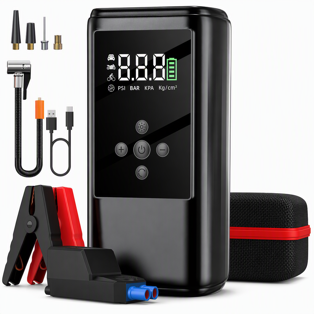 🚗 Save 50%! 🔋 Jump Starter & Tire Inflator – Smart clamps & EVA case ✨