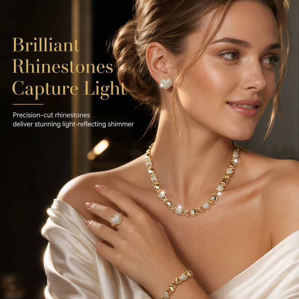 Gold Plated Heart Shaped Rhinestone Jewelry 4-Piece Set with Necklace Earrings Bracelet and Ring