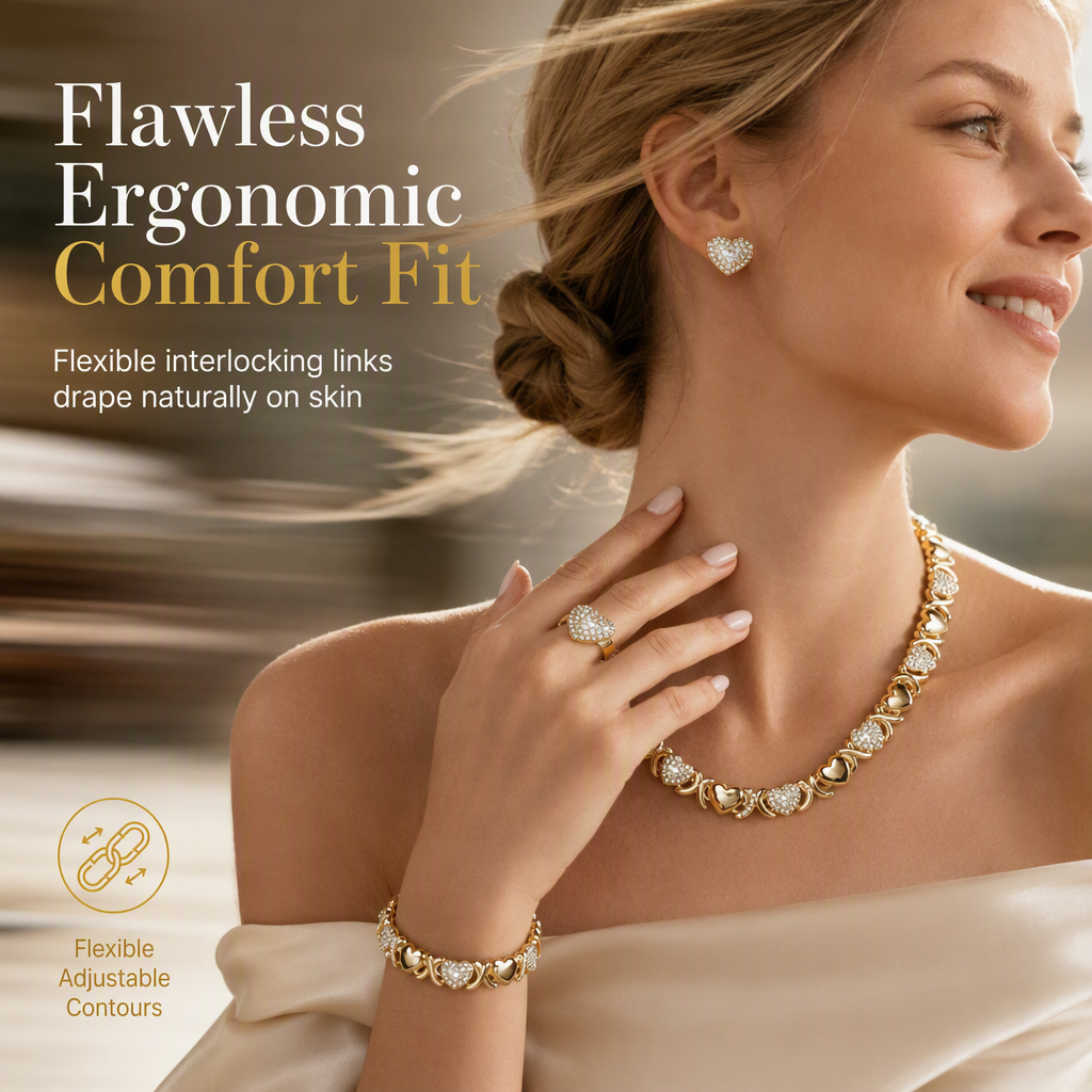 Gold Plated Heart Shaped Rhinestone Jewelry 4-Piece Set with Necklace Earrings Bracelet and Ring