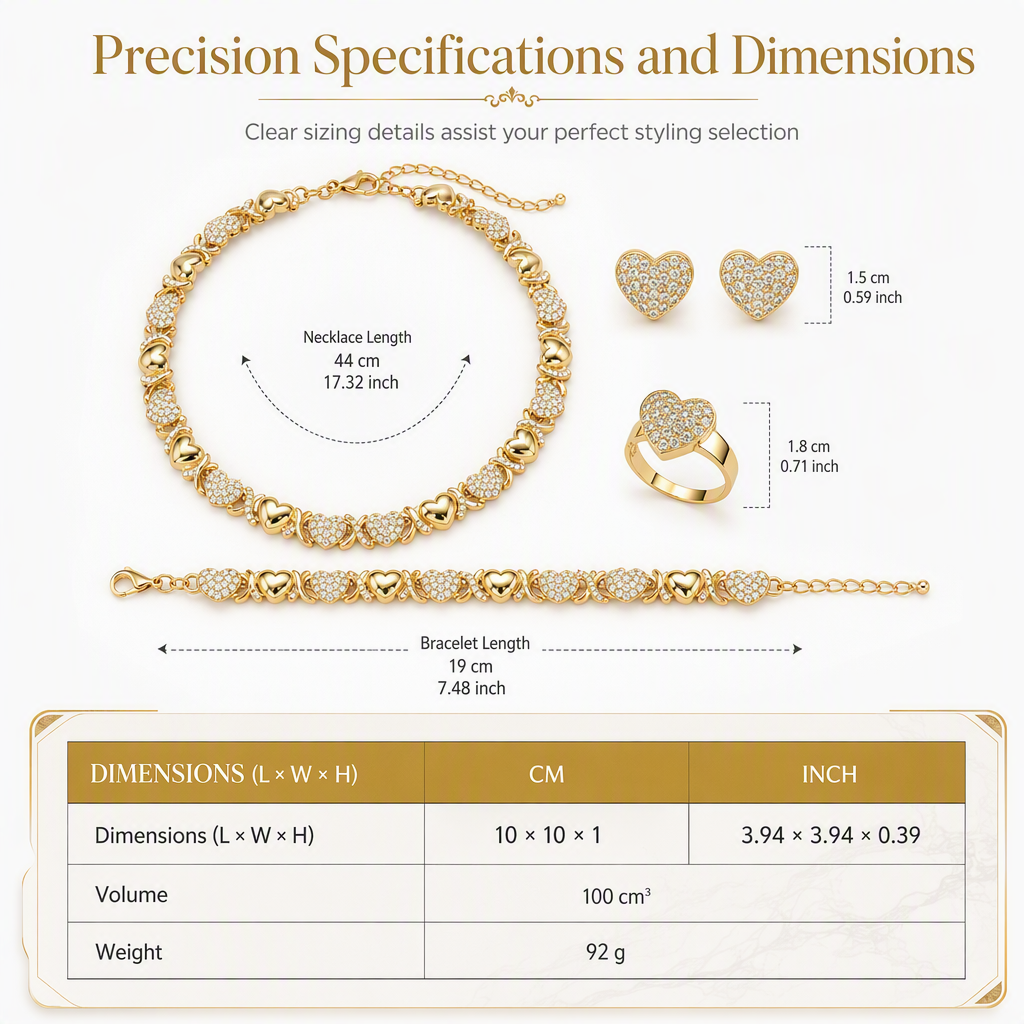 Gold Plated Heart Shaped Rhinestone Jewelry 4-Piece Set with Necklace Earrings Bracelet and Ring