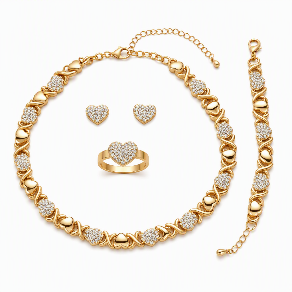Gold Plated Heart Shaped Rhinestone Jewelry 4-Piece Set with Necklace Earrings Bracelet and Ring
