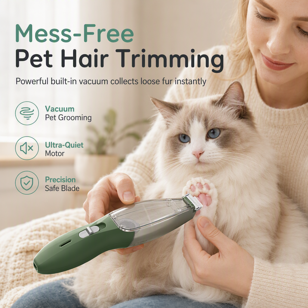 🐾 Low Noise Pet Grooming Kit: Vacuum Clippers, Dual Motor, Rounded Blades, Mess-Free Hair Capture