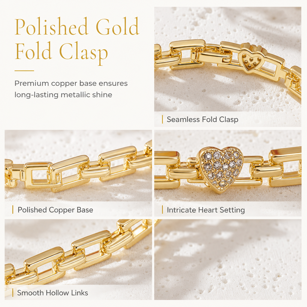 ✨ 50% OFF! ✨ Gold Rhinestone Heart & Square Hollow Chain Bracelet