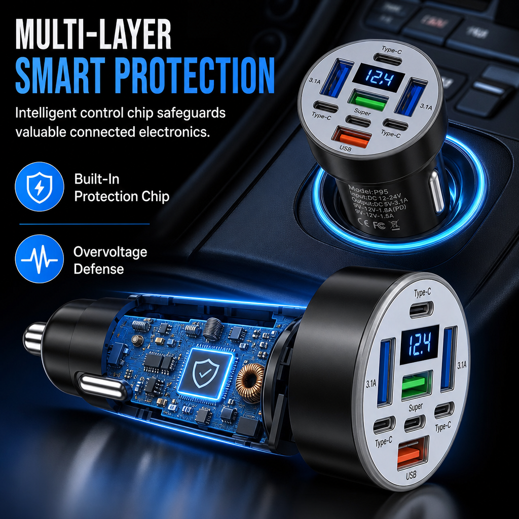 🚗40W 8 in 1 Fast Car Adapter with Digital Voltage Display 4 USB and 4 PD Ports⚡️