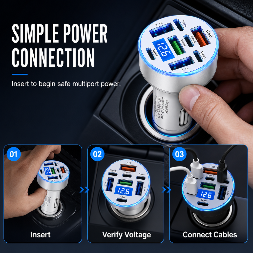 🚗40W 8 in 1 Fast Car Adapter with Digital Voltage Display 4 USB and 4 PD Ports⚡️