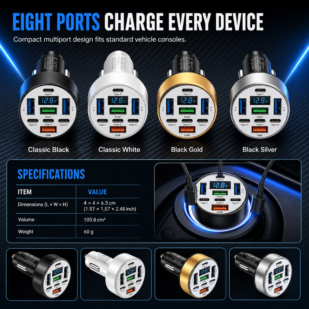 🚗40W 8 in 1 Fast Car Adapter with Digital Voltage Display 4 USB and 4 PD Ports⚡️
