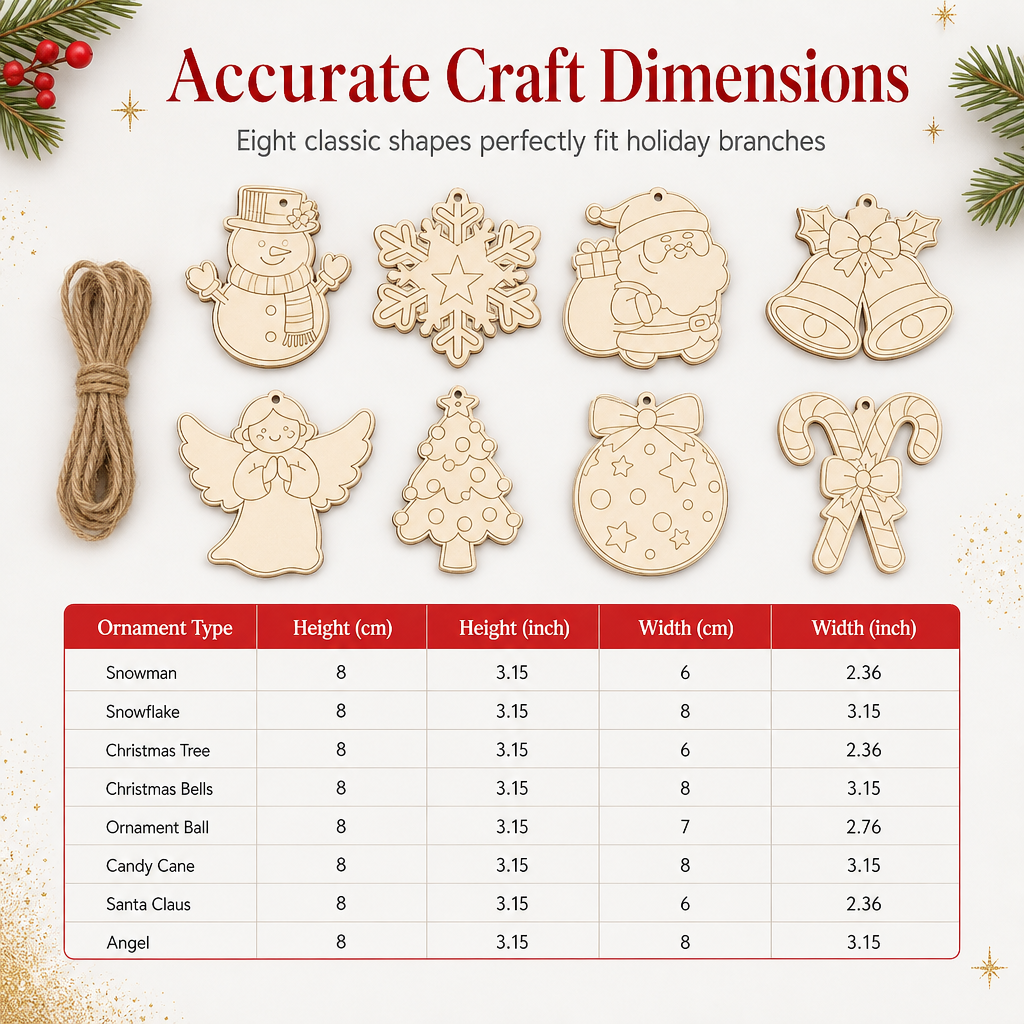 8 Piece Carved Wood Slice Christmas Tree Hanging Ornaments Set with Hemp Ropes for Holiday Party Home Decor